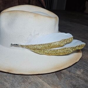 NWT White Genuine gold glitter and rhinestone feather hat pin